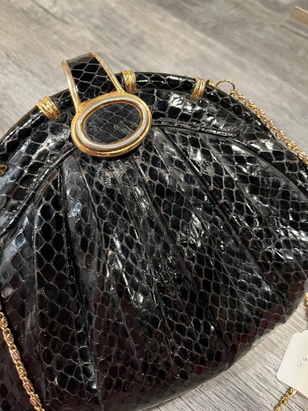 Vintage Black Snakeskin Clutch | Gold Chain Strap | 1980s Glam - Picture 6 of 13
